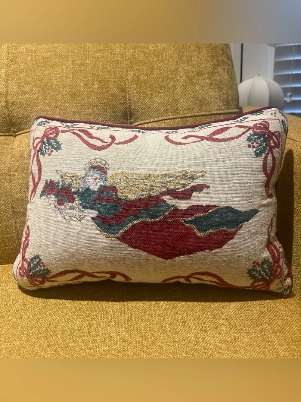 Vintage Riverdale Christmas Angel Tapestry Pillow Gold Metallic Made in USA 16”